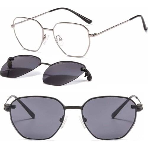 Metal clip on sunglasses 33075 hexagon shield trendy prescription glasses with clip on polarized sunglasses lenses for ladies