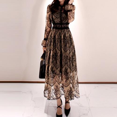 2021 Spring Elegant Sexy Dress for Women Vintage Lace Long Sleeve O-neck Robe Slim Woman Party Long Dresses Femme OL Casual Full