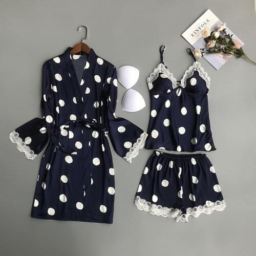 QWEEK Women Satin Sleepwear Polka Dot Pyjamas Femme Silk Pijama Mujer Cute 3 Pieces with Chest Pads Casual Pajama Sets