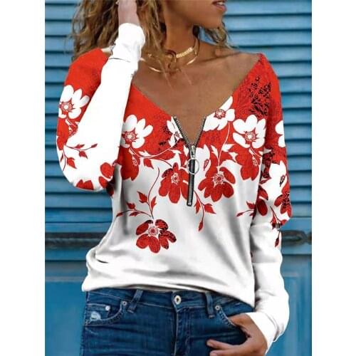 Autumn Women T Shirt Deep V Neck Zipper Pullover Fashion Floral Printed Loose Tees Casual Lady Tops Blouse Plunging T Shirts