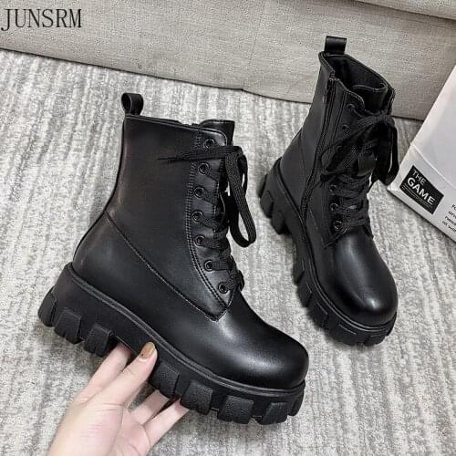 2022 Hot Platform Pu Leather Lace-up Womens Ankle Boots Fashion Zipper Round Head Square Heel Womens Short Casual Boots