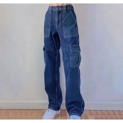 B-TOTO American Retro Blue High Waist Jeans Womens Trendy Ins Loose Pocket Straight Leg Pants 2021 New Fashion