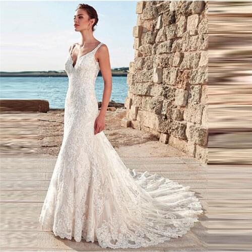 Slim Fitted Mermaid Fashion Women Wedding Dress Lace Appliques 2020 Custom Spring Women Bridal Gowns Garden Formal Backless