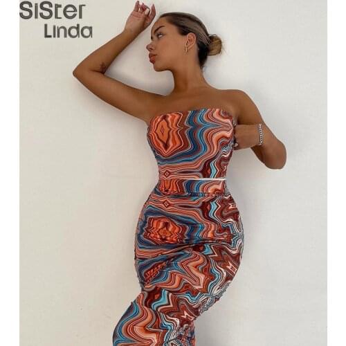 Festival Colorful Print Sexy Strapless Dress Women Sleeveless Skinny Stretchy Stack Trend Party Vacation Beach Dress Slim Outfit