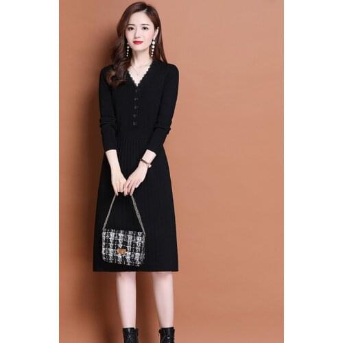 Women knitting Dress Long Sleeve Party Dresses V-Neck Autumn Winter Sexy Solid Dresses Female Elegant Sweater Dress Plus Size3XL
