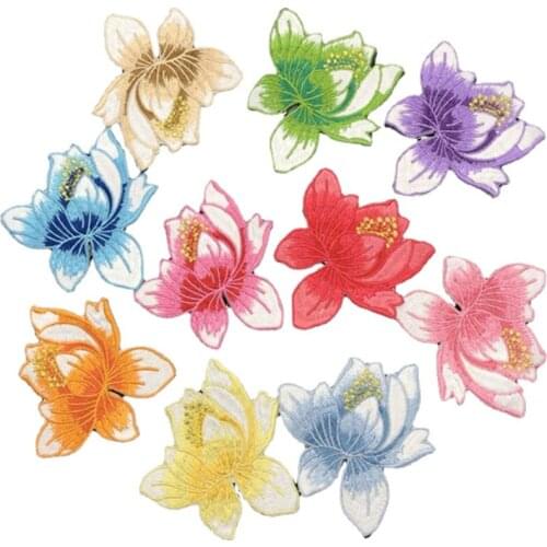 1 PCS Lotus Flower Floral Embroidered Iron on Patches for Clothing DIY Stripes Clothes Patchwork Sticker Flowers Applique Badge