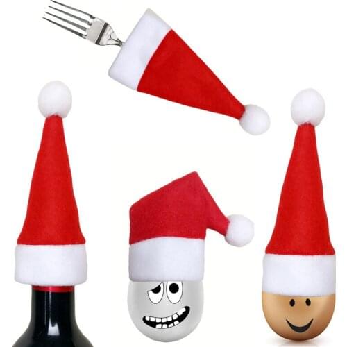 10pc Christmas Red Santa Hat Cup Santa Wine Bottles Cover Christmas Gift Candy Bag for Knife Fork Tableware XMAS Home Decoration