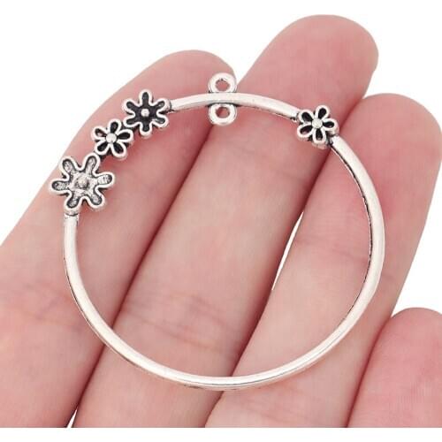 10 x Tibetan Silver Large Hollow Open Round Charms Pendant With Small Flower for DIY Earring Necklace Jewelry Making 47x45mm
