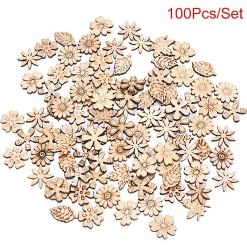 100pcs Creative Flower Leaves Cutouts Slice Mix Wooden Pieces For DIY Wooden Art Decoration Home Party Doodle Scrapbooking