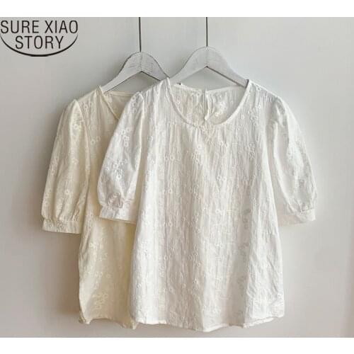 Blusas Embroidered Flower Shirt White Blouse Summer Korean Fashion Women Puff Sleeve Blouses O-Neck Casual Womens Tops 16314