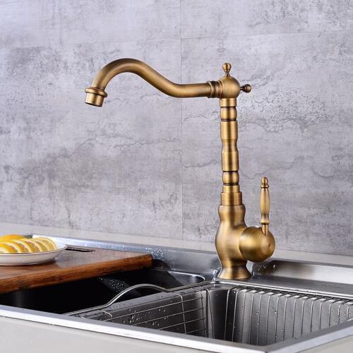 Kitchen Faucet Hot and Cold Antique Bronze Sink Faucet Single Handle Deck Mounted Flexible Brass Mixer Tap
