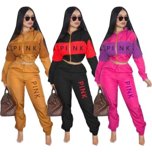 Hot Sale Fashion Leisure Sports Two-color Stitching Printing Pink Long-sleeved Female Two-piece Suit