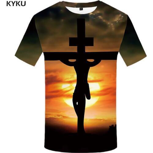 KYKU Jesus T shirt Men Space T-shirts 3d Harajuku Anime Clothes Moon Tshirt Printed Cloud Shirt Print Short Sleeve Punk Rock