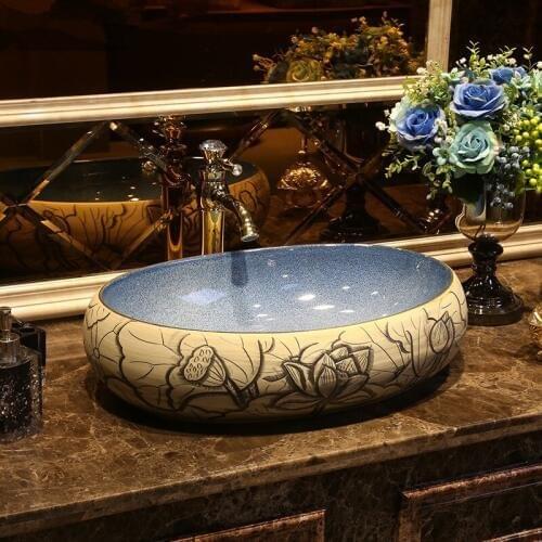 Oval china sanitary ware bathroom Handmade porcelain art one piece bathroom sink and countertop