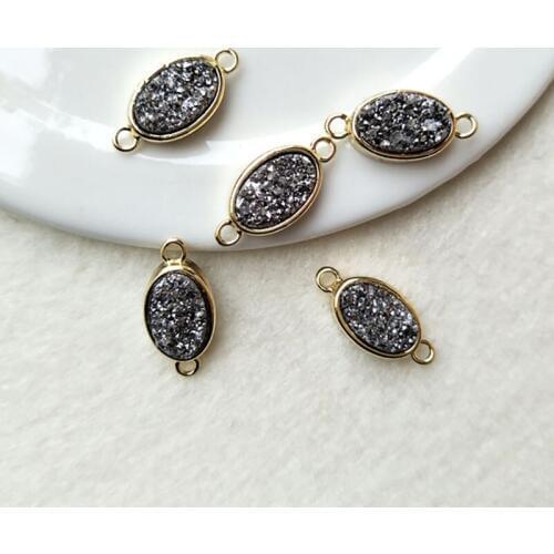 5pcs oval silver Druzy Agat e Geode Druzy Pendants Gold color Titanium Druzy charms Connector Bead with Double Bails CT62