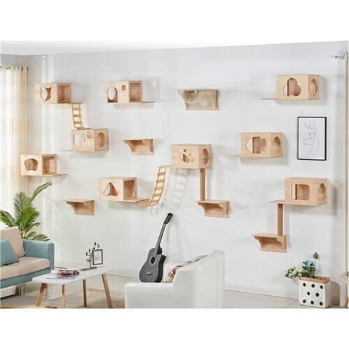 Luxury solid wood cat wall hanging cat litter cat climbing frame wall type platform springboard climbing ladder wall