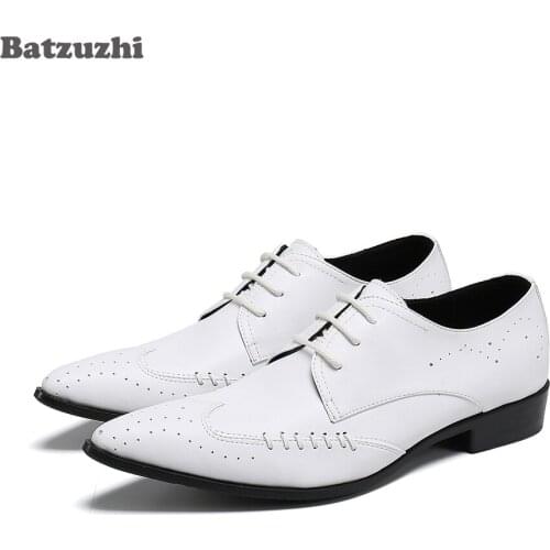 Batzuzhi Luxury Handmade Mens Shoes Pointed Toe Genuine Leather Dress Shoes Men Lace-up White Party and Wedding Zapatos Hombre