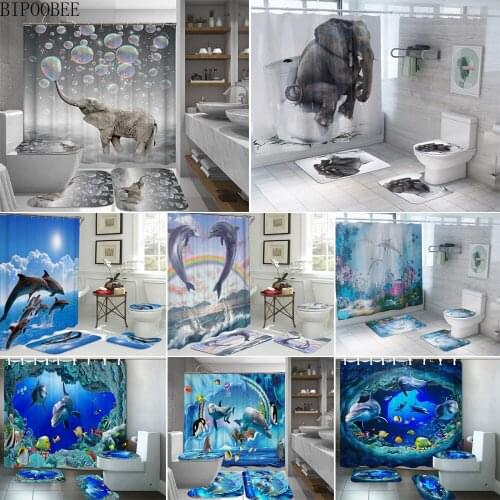 Funny Elephant Dolphin 3D Shower Curtains Sea Ocean Scenery Bathroom Curtain Flannel Toilet Cover Non-Slip Carpet Bath Mat Rugs