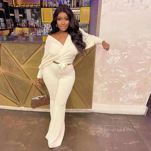 ZOOEFFBB Solid Rib Two Piece Set Women Sexy V Neck Long Sleeve Loose Lace Up Top and Bell Bottom Pants Streetwear Matching Sets