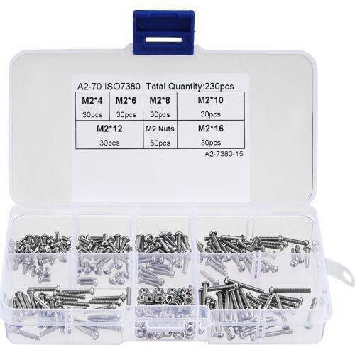 230pcs M2 x 4-16MM Button Head Hex Socket Screw Bolt Nut 304 Stainless Steel Hex Socket Button Head Cap Bolts Screws Nuts Kits