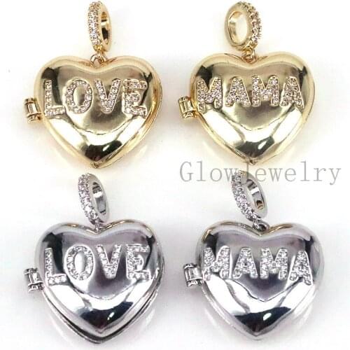 5Pcs ,Mama Love Charms Pendants, Cz Micro Pave Heart Pendant, Can Open Locket Necklace Heart Pendant, In Gold Silver Color