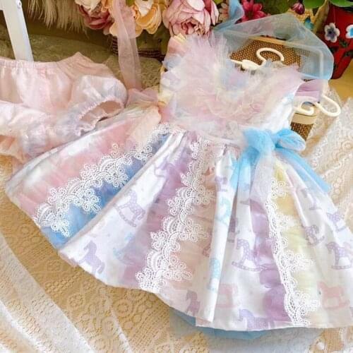 2PCS Summer Lolita Vintage Prancess Carousel Rainbow Lace Sleeveless Ball Gown Dress For Baby Girls Turkey Birthday Party Cute