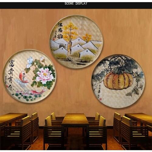 Bamboo Woven Sieve Hand-Painted Dustpan Round Tray Retro Restaurant Farmhouse Pastoral Wall Decoration Creative Craft Painting