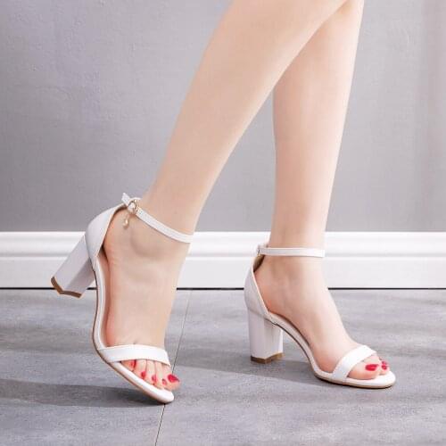 Fashion Sandals Women Shoes 7cm High Heels New Spring Summer Ladies Block White Black Buckle Strap Female Pumps