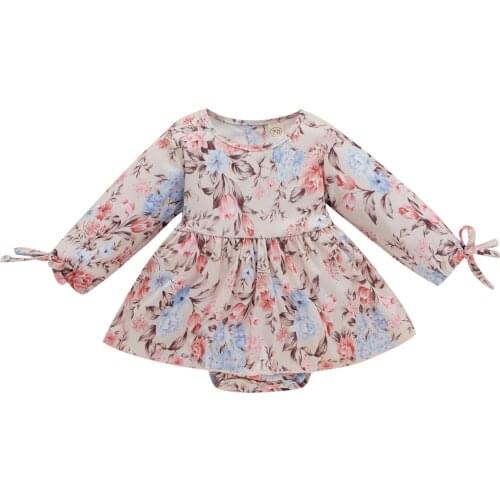 0-24M Infant Floral Print Playsuit Toddler Long Sleeve Round Neck Romper Dress with Bows