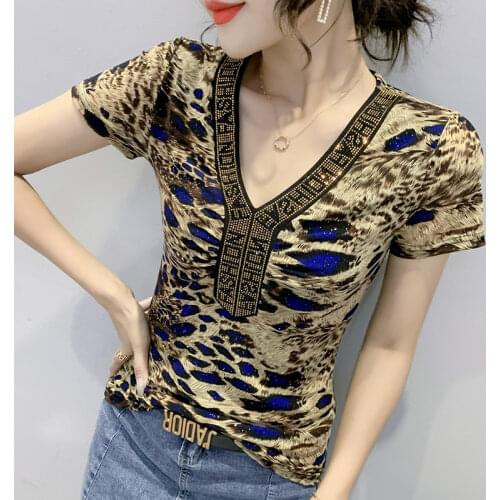 Ladies shirt fashion slim diamonds v neck t shirts for women short sleeve T-shirt mesh top 2021 summer new leopard print tshirt