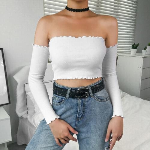 Hirigin 2020 Fashion Women Bardot Crop Tops Off Shoulder Ruffle Frill Long Sleeve Knitted T-shirt Girls Sexy Tube Tops Clothes