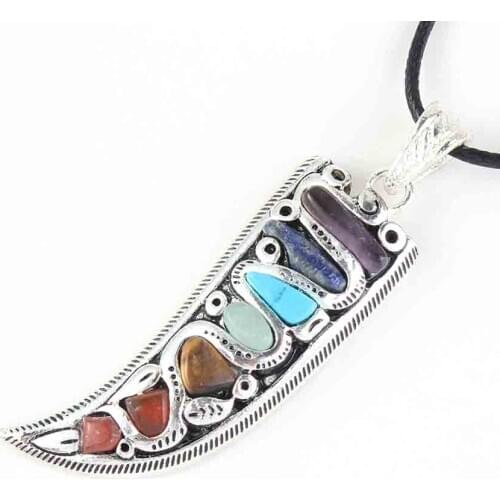 Healing Chakra Ox Horn with Many Color Quartz Stone Silver Plated Pendant Charm Jewelry