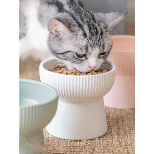 High Foot Cat Bowl Food Stripe Ceramic Water Neck Protection Supplies