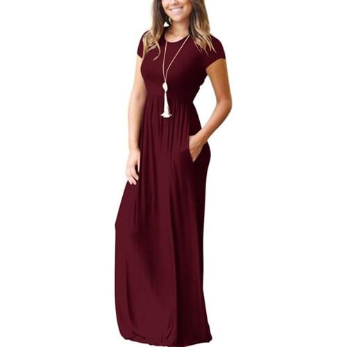 KLV Womens Short Sleeve Maxi Long Loose Dress Solid Party Shirt Sundress Female Elegant Short Sleeve O-neck Dresses Plus Size