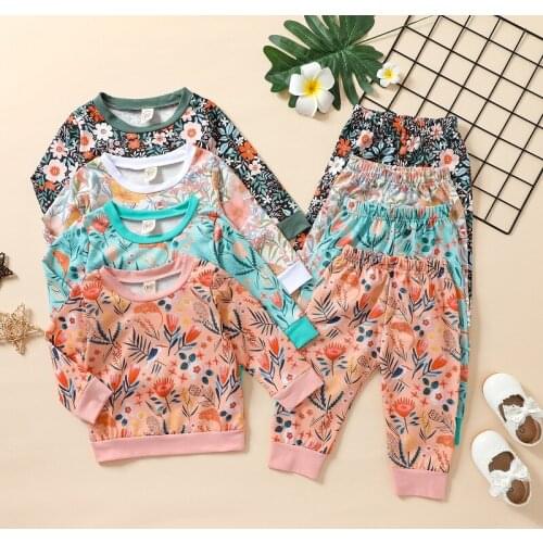 Girls Floral Suit 2021 Autumn Kids Baby Girl Long Sleeve Pullover Flower Tops Long Pant 2PCS Children Clothes Set
