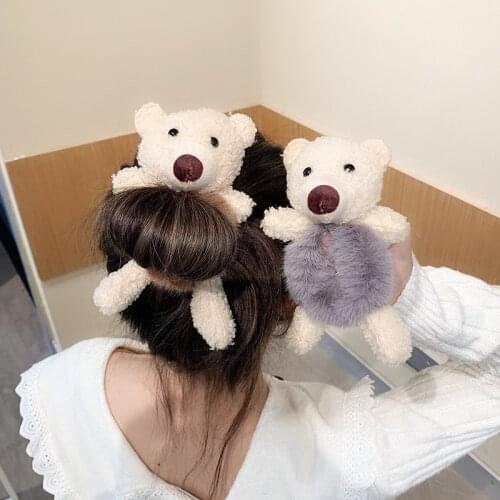 Cute Bear Sweet Head Rope Woman Simple Temperament Tie Hair Leather Net Red Horsetail Leather Cover Plush Hair Ring Accessory