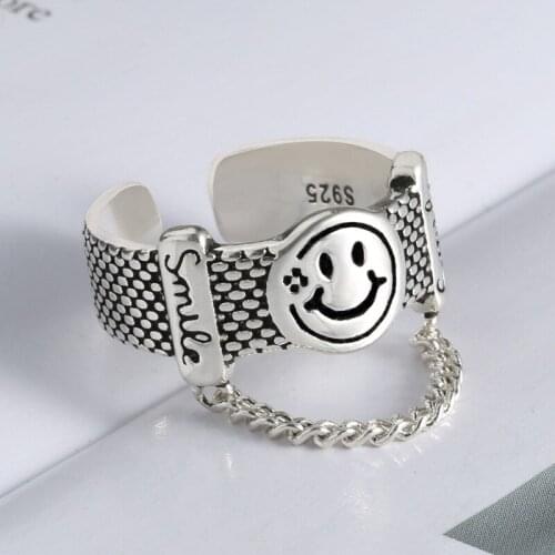 Trendy Smiling Face Rings for Women Elegant Retro Smiley Face Open Ring with Chain Smile Letter Statement Jewelry Gift Wholesale