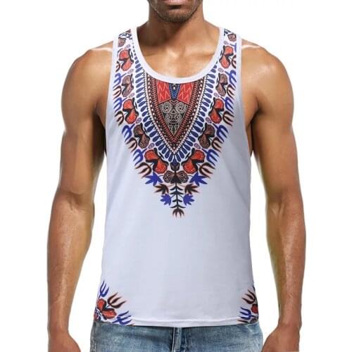 Adult Men Casual African Dashiki Slim Tank Tops Sleeveless Singlet T-shirt Fitness Undershirt White Vest 3X-Large Tee For Male