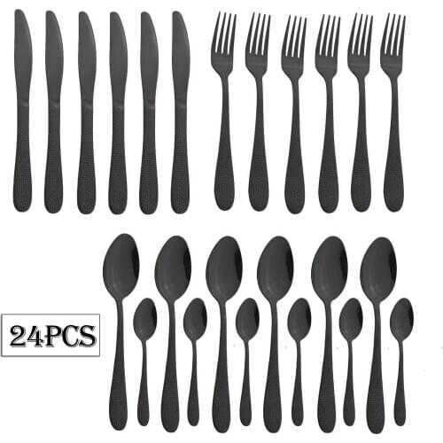 24Pcs Black Tableware Set Stainless Steel Dinner Set Knife Fork Spoon Dinnerware Set Gold Flatware Rainbow Cutlery Set Kitchen