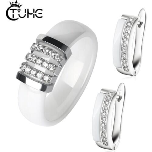 Classic Black White Ceramic Jewlery Set For Women Fashion 6mm Wide Rings With Lovely Earrings Crystal Smooth Material Jewelry