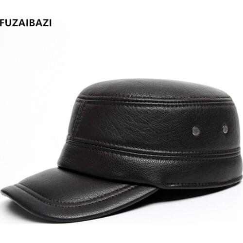 FUZAIBAZI New Genuine Leather Military Cap Mens Autumn Winter Keep Warm Ear Protection Sheepskin Cap Adjustable Flat Caps
