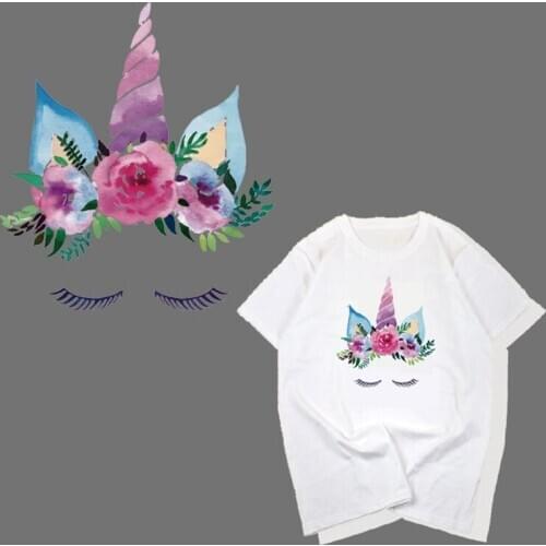New Kawaii Flower Unicorn Iron On Transfers For Clothes Rianbow Unicorn Patch Thermal Heat Transfer Vinyl Sticker DIY Applique
