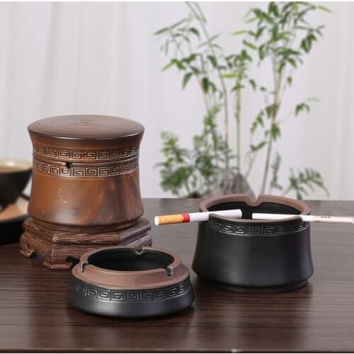 Simple Art Retro Stoneware Ashtray with Lid Dual-use Living Room Office Study Ceramic Windproof Smoke Cup To Send Boyfriend Gift