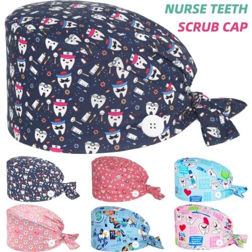 Adjustable Surgicals Cap with Buttons Cotton Working Nursing Hats Spa Salon Dentist Clinic Nurse Bouffant Scrub Caps Sweatband