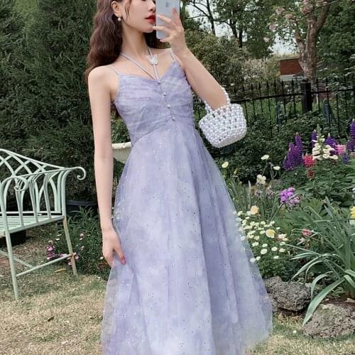 French Romantic Purple Midi Dress Summer Women V Neck Sleeveless Sequined Fairy Mesh Dress Sweet Slim Chic Tulle Dress Vestidos