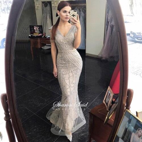 Luxury Crystal Caramel Mermaid Dubai Evening Dress for Women Wedding Party Gowns Long V-Neck Arabic Formal Prom Dresses In Stock