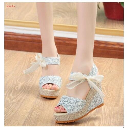 New Fashion Women Sandals Summer Wedges Womens Sandals Platform Lace Belt Bow Flip Flops Open Toe High-heel