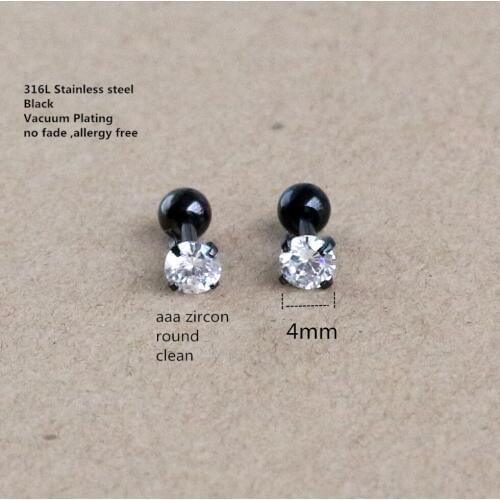Titanium Stud Earrings 4mm Clean AAA Zircon Screw 316 L Stainless Steel Black Vacuum Plating No Fade Allergy Free