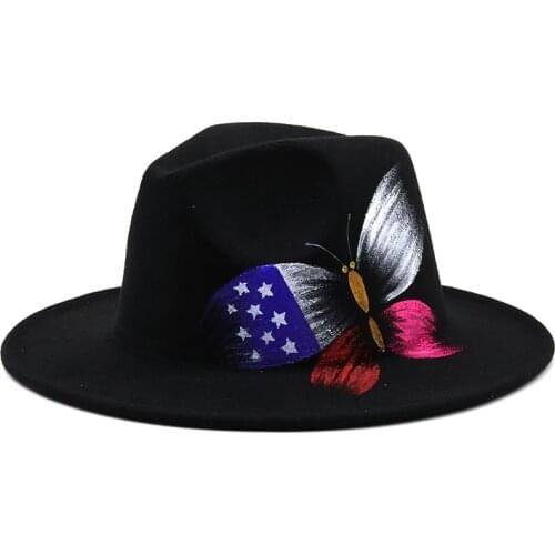 Simple Handmade Painted butterfly Wool Felt Black Fedora Hat For Women/Men Wide Brim Autumn Winter Panama Jazz Cap