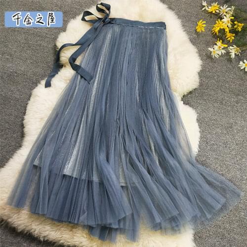 Duds fairy flash New silver green light silk skirt thin pressure plait organ pleated skirts with tall waist net veil